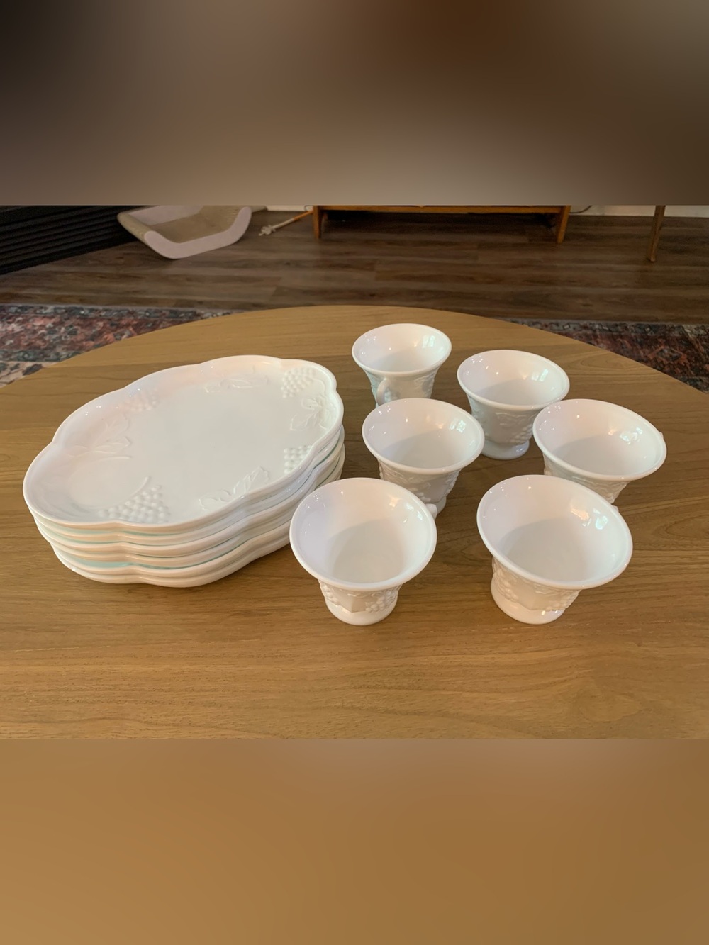 Vintage Colony Harvest milk glass snack plate and cup set of 6